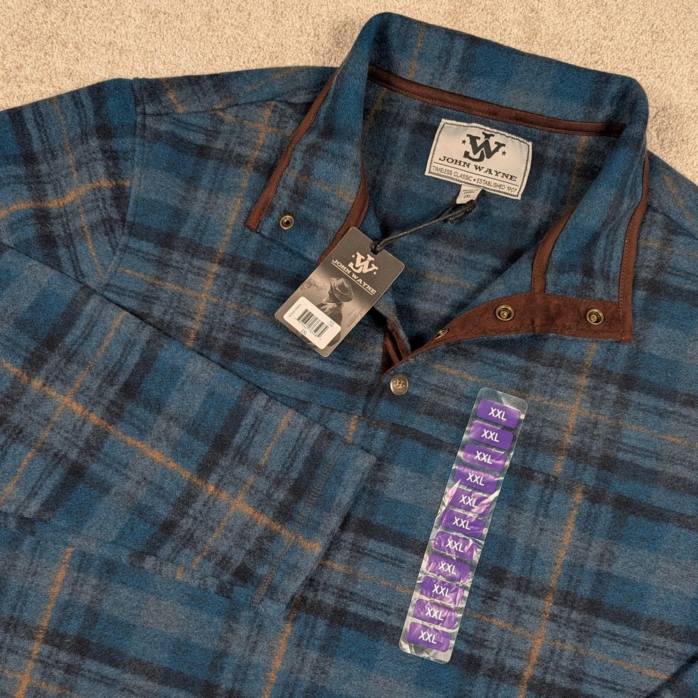 John Wayne Sweater Mens 2XL Blue Plaid Fleece Mock Neck Western Pullover NEW